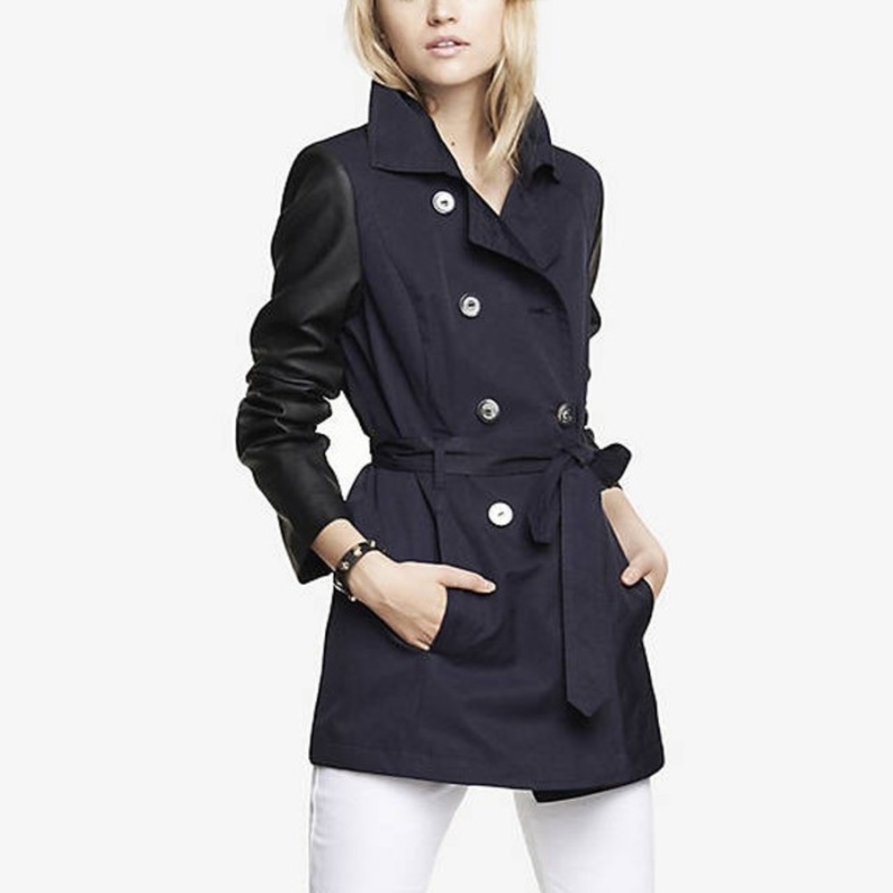 NWT Express Faux Leather Sleeve Trench Coat - Picture 1 of 5